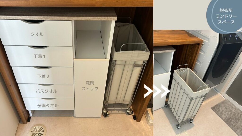 キャスター付きランドリーバスケットと下着＆タオル収納用チェスト。脱衣と洗濯に便利な神配置。